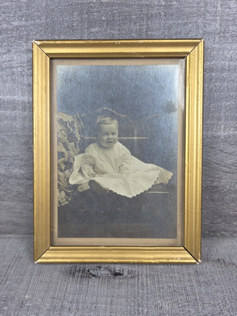 Antique Victorian Happy Baby Portrait Photograph Gold Frame Black & White 197.38